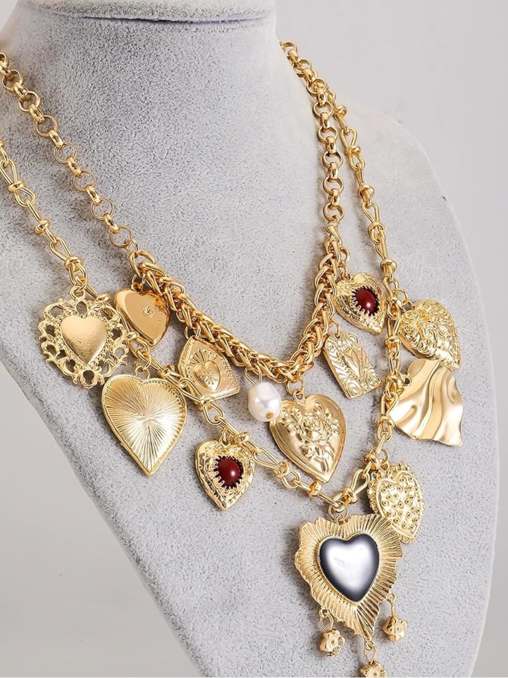 Vintage Sacred Heart Charm Layered Gold Statement Necklace